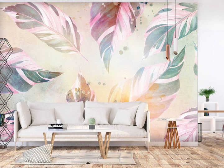 Fototapetes Dabas dzeja - rozā-zaļas lapas uz krāsaina fona - 143786 G-ART