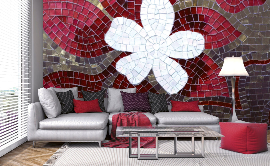 Fototapetes ar sarkanu mozaīku un baltu ziedu D-ART