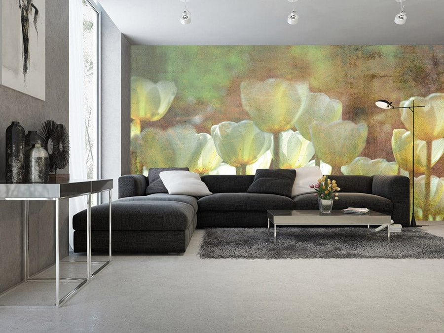 Fototapetes Vintāžas baltas tulpes zaļos toņos, D385 D-ART