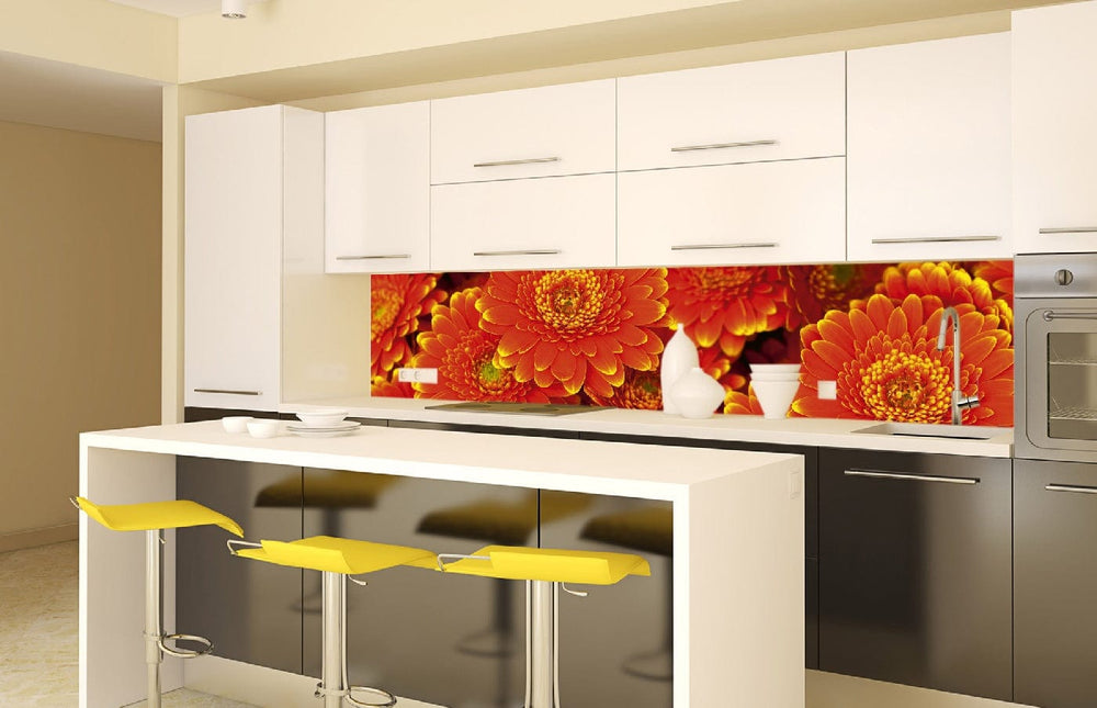 Laminētas pašlīmējošas fototapetes virtuvei - Gerberas (260x60 cm) Art4home