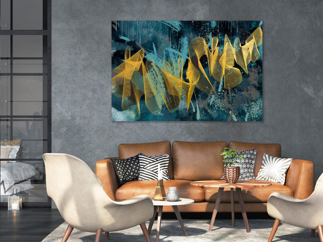 Glezna - ar abstrakciju zilā un zeltā krāsā - Zelta viļņi (x 1) G-ART.