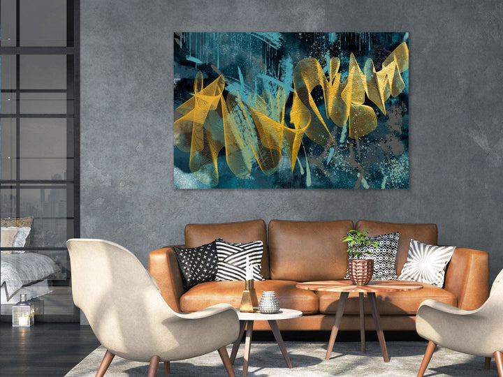 Glezna - ar abstrakciju zilā un zeltā krāsā - Zelta viļņi (x 1) G-ART.