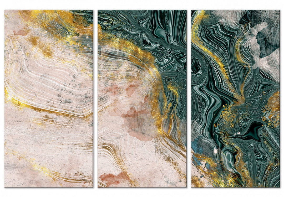 Glezna ar abstrakciju zeltā un malahītā krāsā (3 daļas) G-ART.