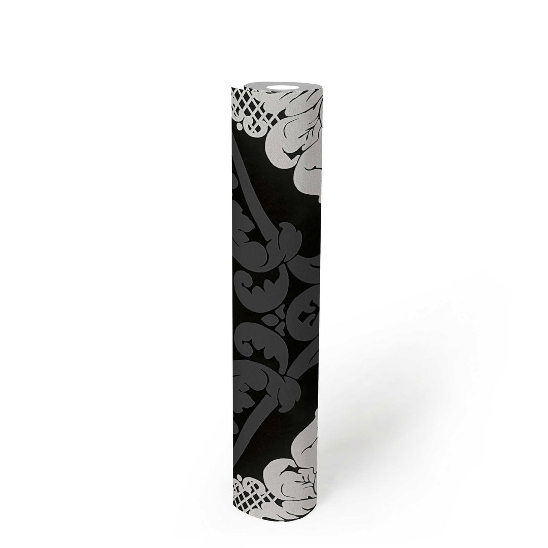 Melnbaltas tapetes ar baroka ornamentiem un struktūras dizainu, 554314 AS Creation