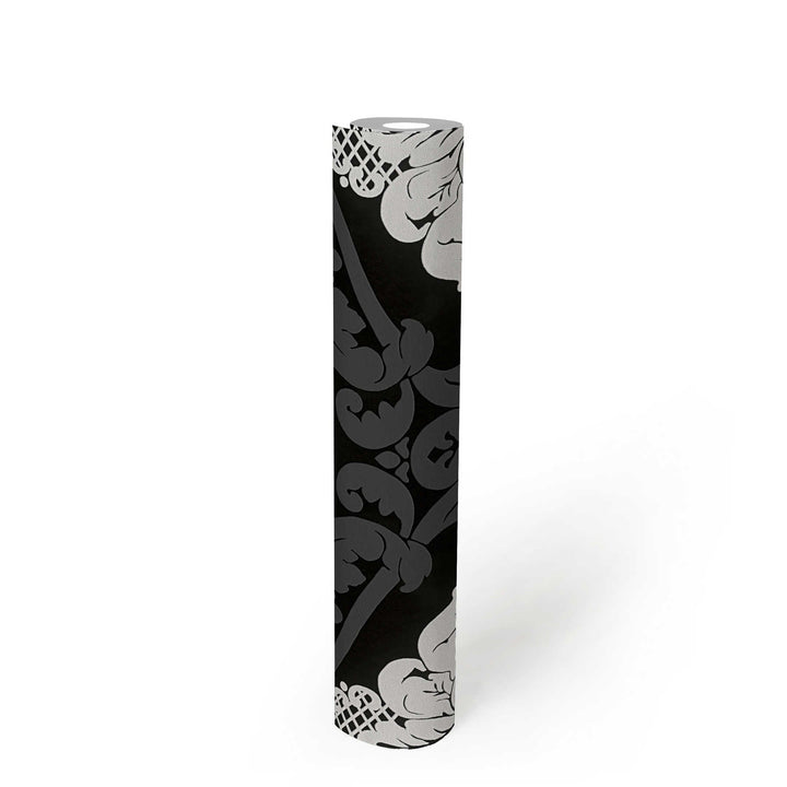 Melnbaltas tapetes ar baroka ornamentiem un struktūras dizainu, 554314 AS Creation