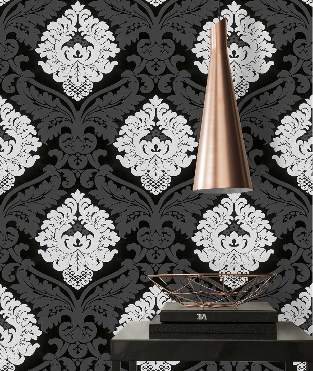 Melnbaltas tapetes ar baroka ornamentiem un struktūras dizainu, 554314 AS Creation