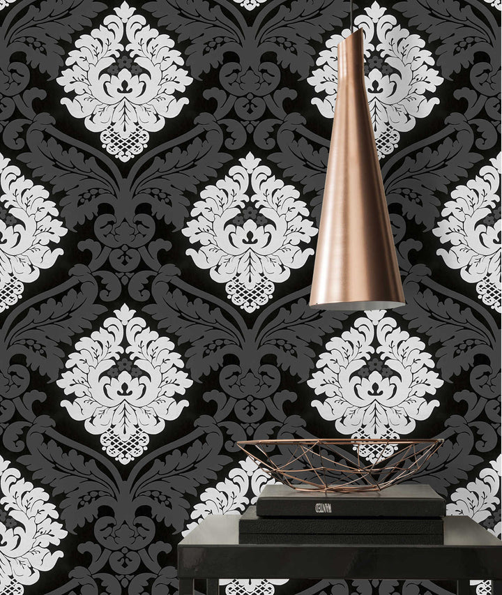 Melnbaltas tapetes ar baroka ornamentiem un struktūras dizainu, 554314 AS Creation
