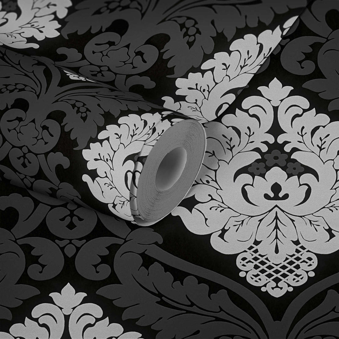 Melnbaltas tapetes ar baroka ornamentiem un struktūras dizainu, 554314 AS Creation