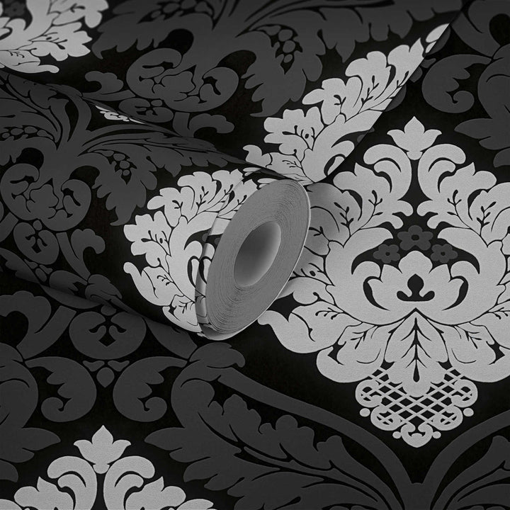 Melnbaltas tapetes ar baroka ornamentiem un struktūras dizainu, 554314 AS Creation