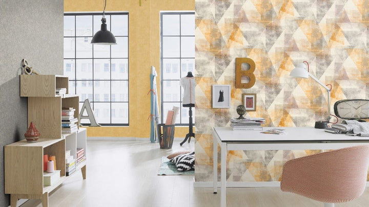 Modernas grafiskas tapetes RASCH dzeltenā un pelēkā krāsā RASCH