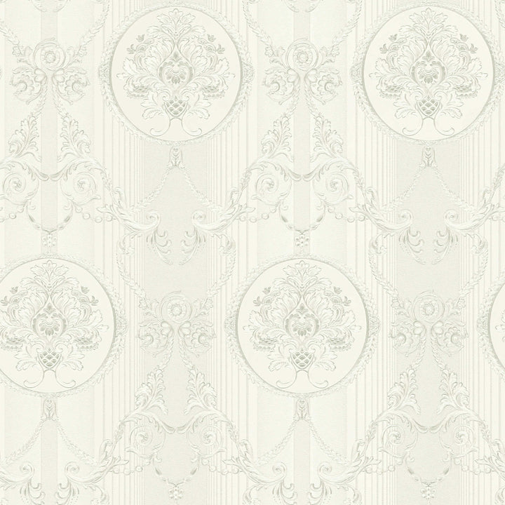 Neobaroka tapetes ar ornamentu un metālisku efektu baltā krāsā, 330833 AS Creation
