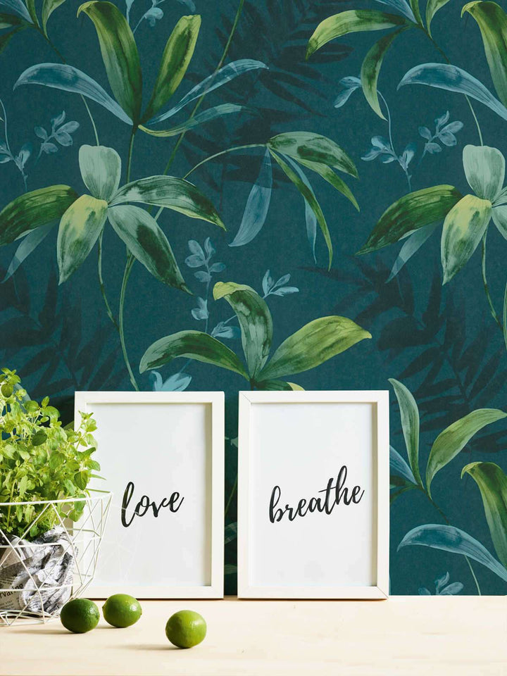 Flizelīna tapetes zaļas lapas akvareļu stilā, zaļā, zila AS 377044 AS Creation