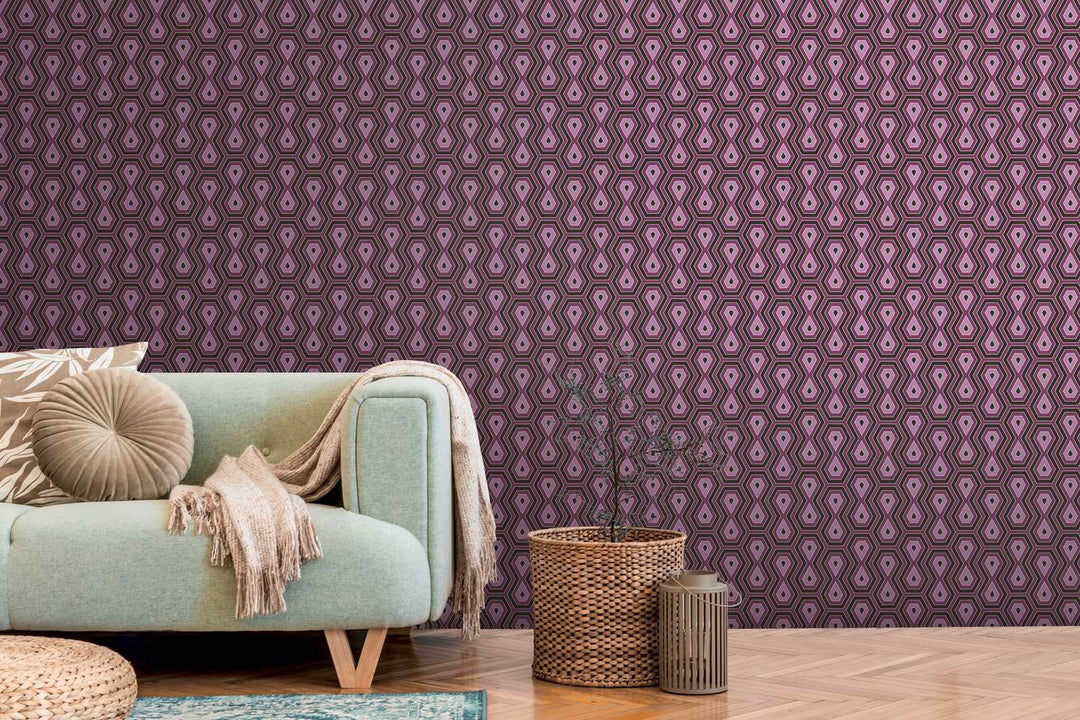 Tapetes violeta un vecā rozā krāsā ar grafisku dizainu retro stilā AS Creation