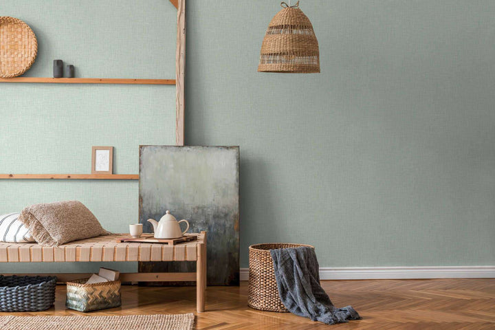 Piparmētru zaļas tapetes ar lina faktūru AS 379537 AS Creation