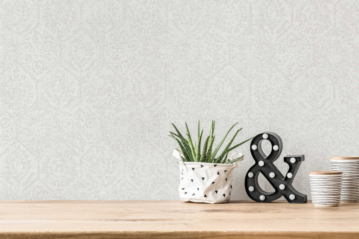 Vintaža flizelīna tapetes, izbalējis dekors ar linu izskatu – pelēkas AS Creation