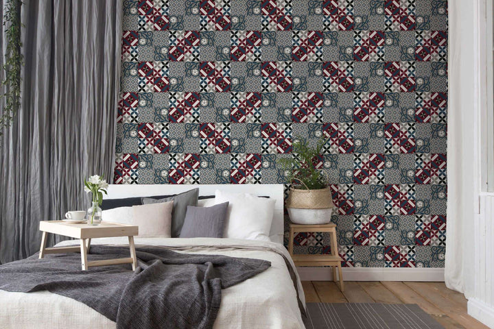 Zilas tapetes ar flīzes imitāciju, melnā, sarkanā un zilā krāsā 376844 AS Creation