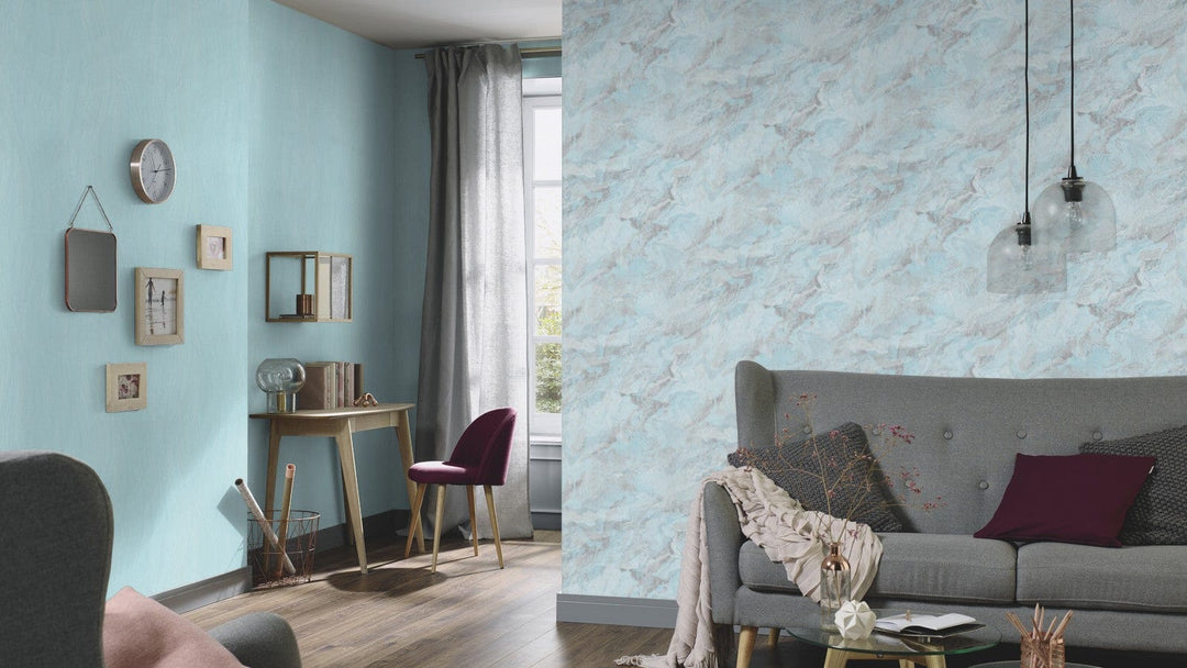 Tapetes ar viļnotu marmora rakstu tirkīzā krāsā - 3737212 Erismann