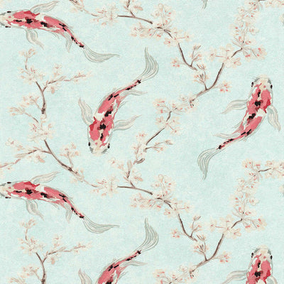 Tapetes austrumu stilā ar koi zivīm - zilā, rozā krāsā 1333535