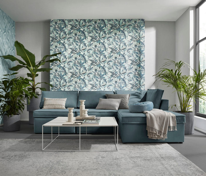 Tapetes botāniskā stilā ar eksotiskām lapām, tirkīzā krāsā - 3710472 Erismann