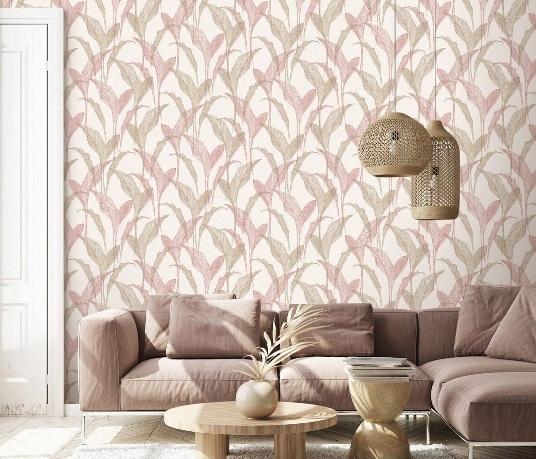 Tapetes botāniskā stilā ar lapām krēmkrāsā un rozā krāsa - 3711441 Erismann