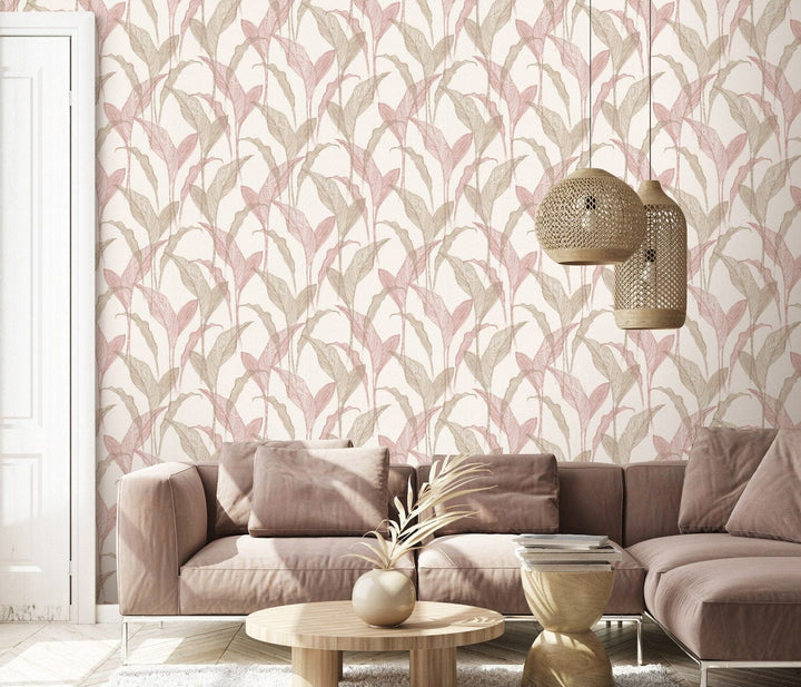 Tapetes botāniskā stilā ar lapām krēmkrāsā un rozā krāsa - 3711441 Erismann