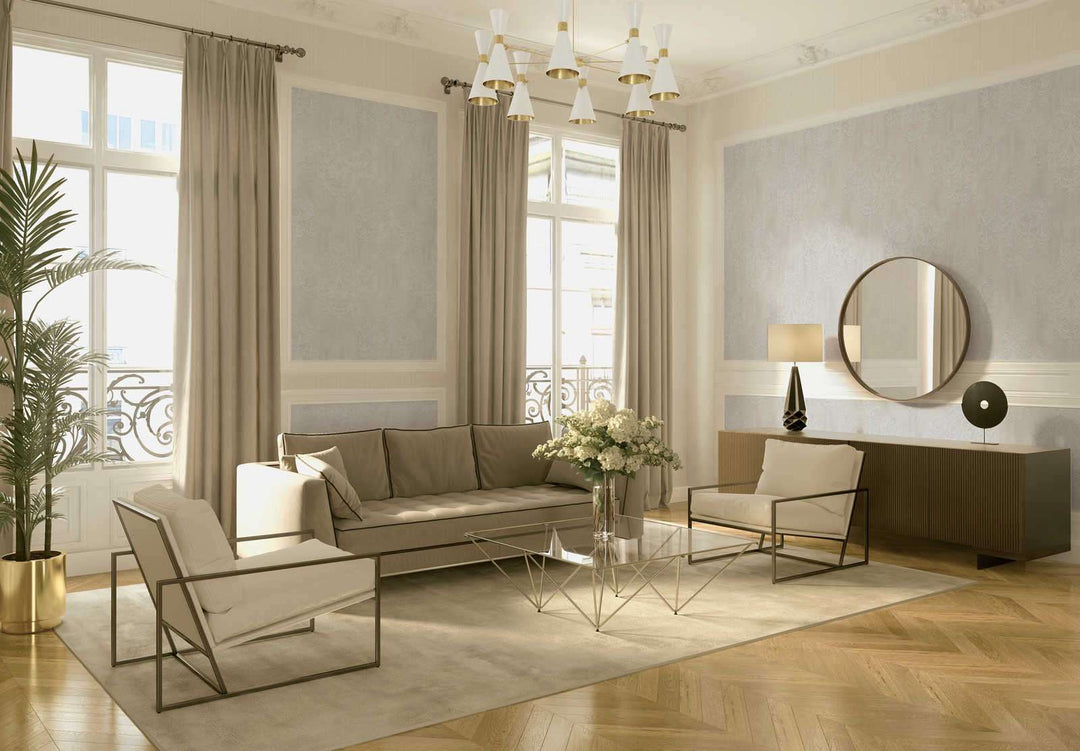 Tapetes šampanieša krāsā ar lustram un pērles rakstu AS 380962 Tapetenshop.lv