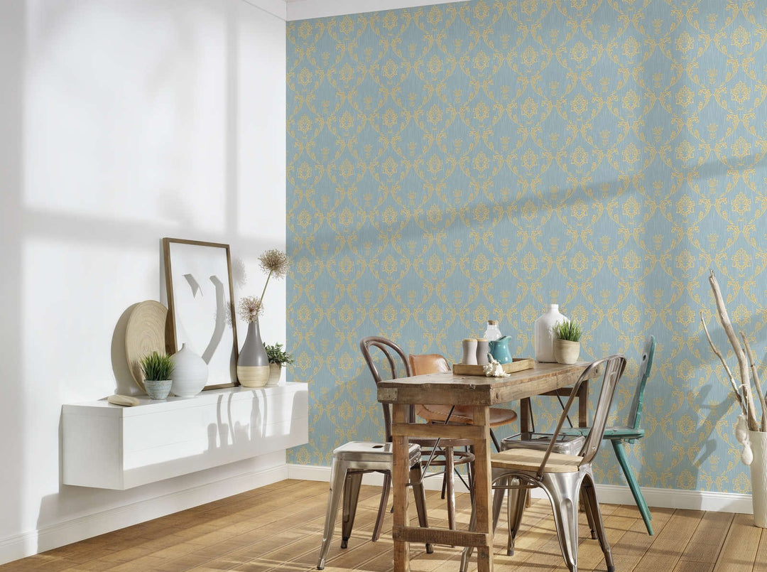 Tekstila tapetes ar ziedu elementiem zelta krāsā - zelta, zila, 306586 AS Creation