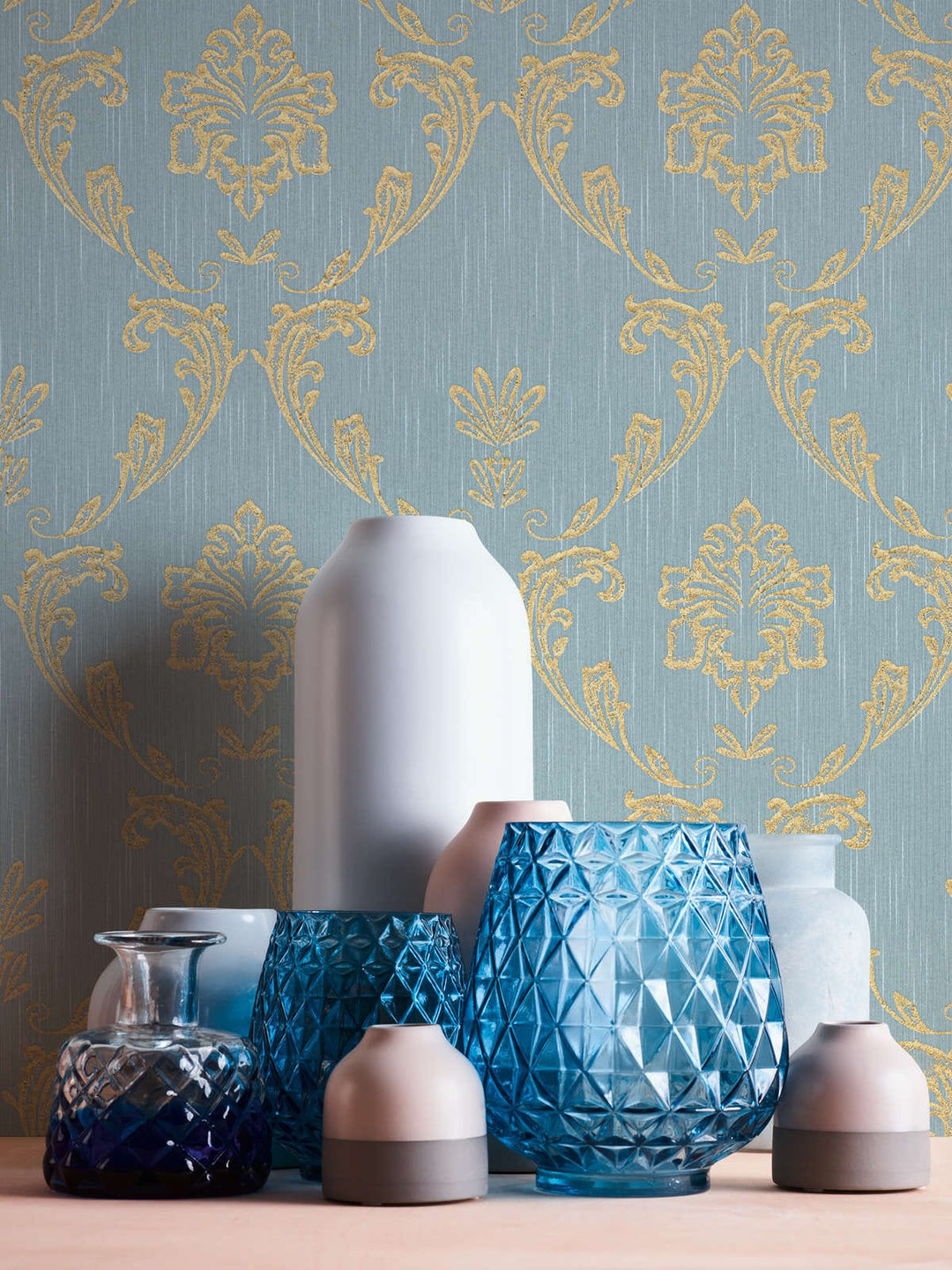 Tekstila tapetes ar ziedu elementiem zelta krāsā - zelta, zila, 306586 AS Creation