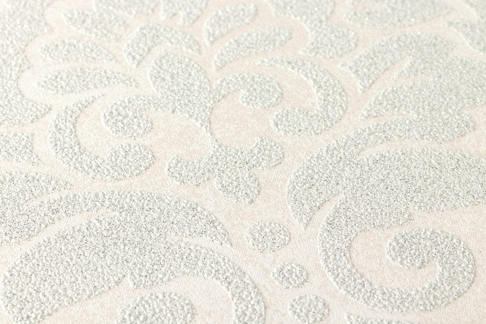 Ziedu ornamenta tapetes ar metālisku efektu - pelēka, sudraba, balta AS Creation