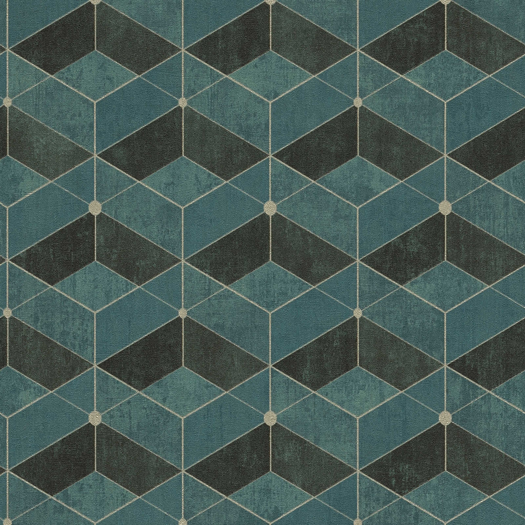 Zilas tapetes ar grafisku rakstu un metālisku akcentu as AS 382023 Tapetenshop.lv