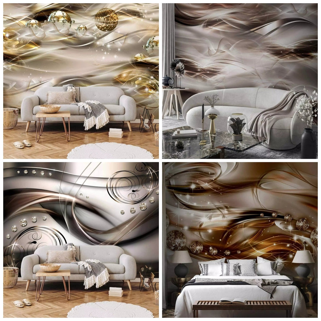 Fototapetes ar abstrakta viļņiem viesistabas interjerā