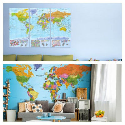 Pasaules kartes interjerā - fototapetes, kanvas un tāfeles