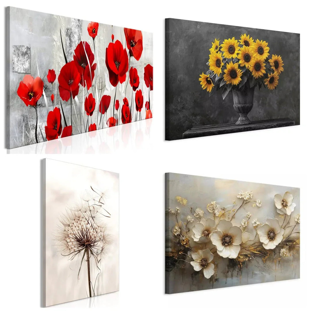 Gleznas ar ziediem un ziedu motīviem: magones, pienenes, saulespuķes un citi ziedi