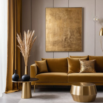 Zelta krāsa interjerā: gleznas, aizkari un mājas tekstils 