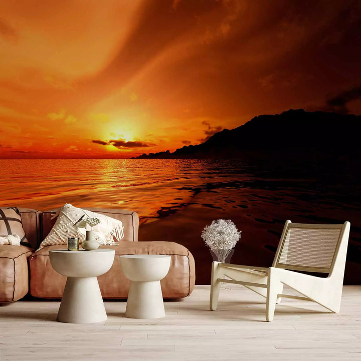 Wall Murals with sunset - sea landscape with a mountain at sunset, 60488