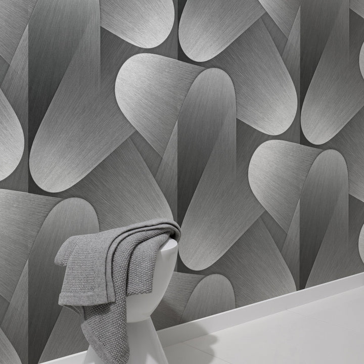 Curved 3D wallpaper in silver/grey - 3763631