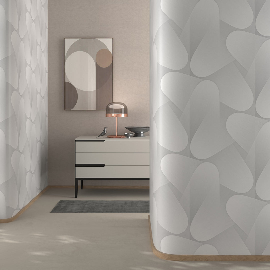 Wallpaper with curved 3D shapes in light grey - 3763633