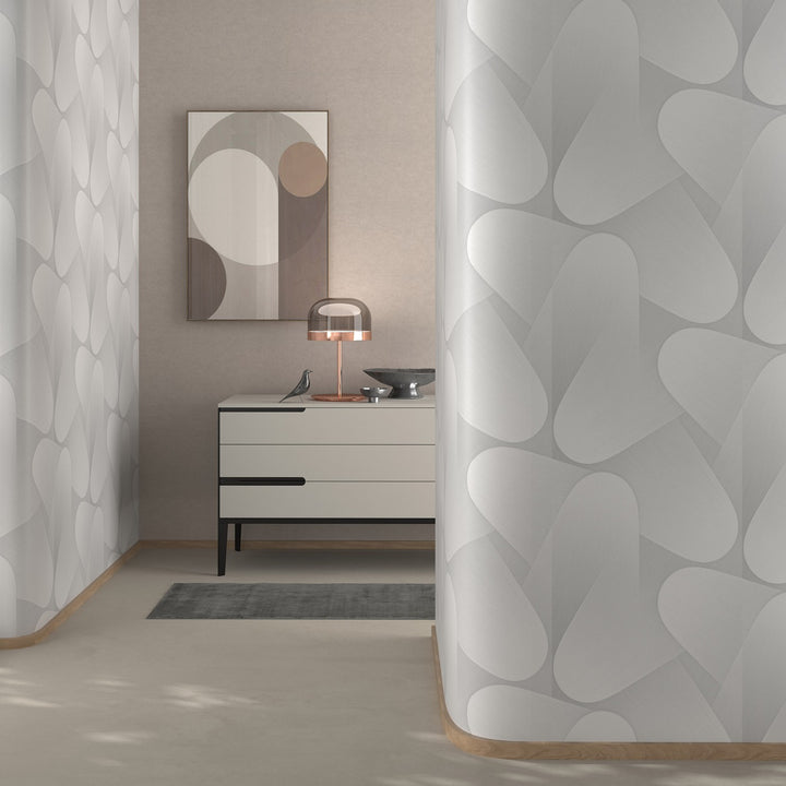 Wallpaper with curved 3D shapes in light grey - 3763633