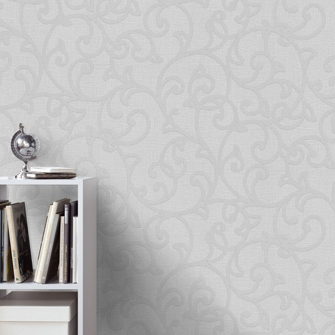 Very light grey non-woven wallpaper with a classic vine pattern and metallic sheen, 3774313