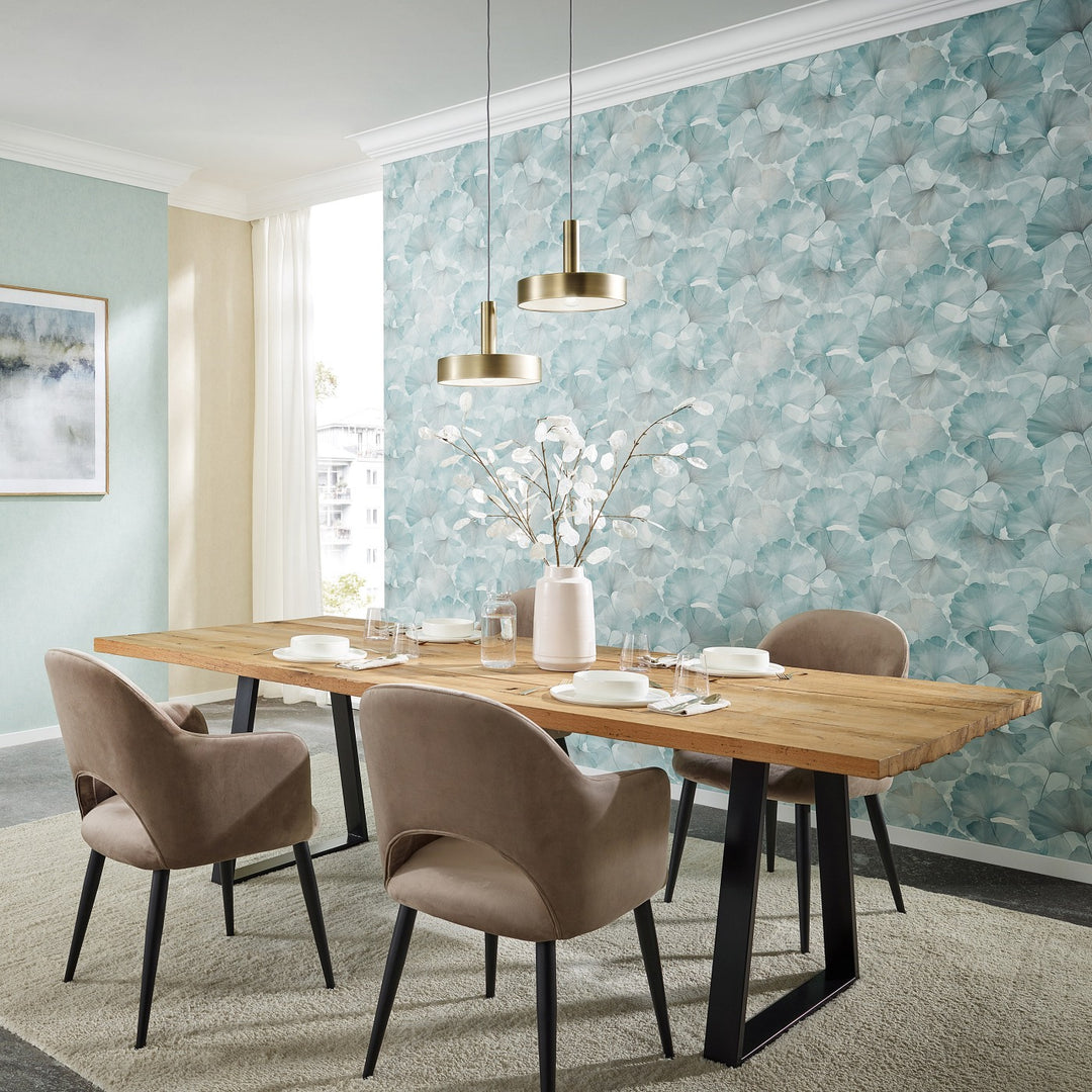 Обои с мелкими листьями гинкго, ERISMANN, синий/бирюзовый - 3774752