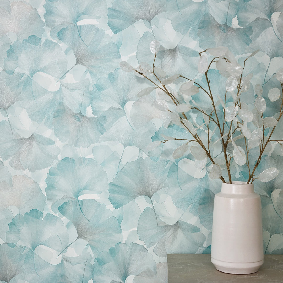Обои с мелкими листьями гинкго, ERISMANN, синий/бирюзовый - 3774752