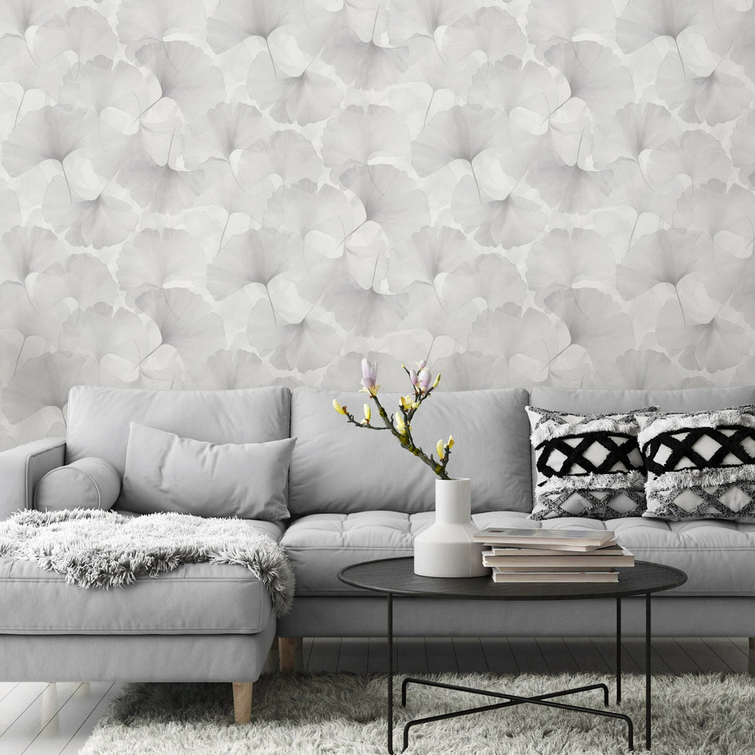Wallpaper with fine ginkgo leaves, ERISMANN, light grey - 3774767