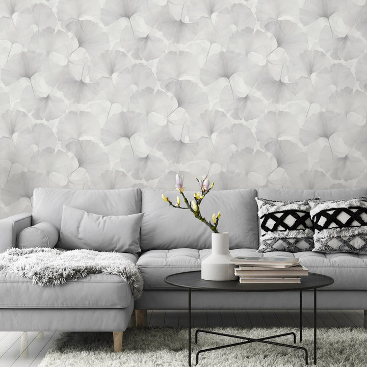 Wallpaper with fine ginkgo leaves, ERISMANN, light grey - 3774767