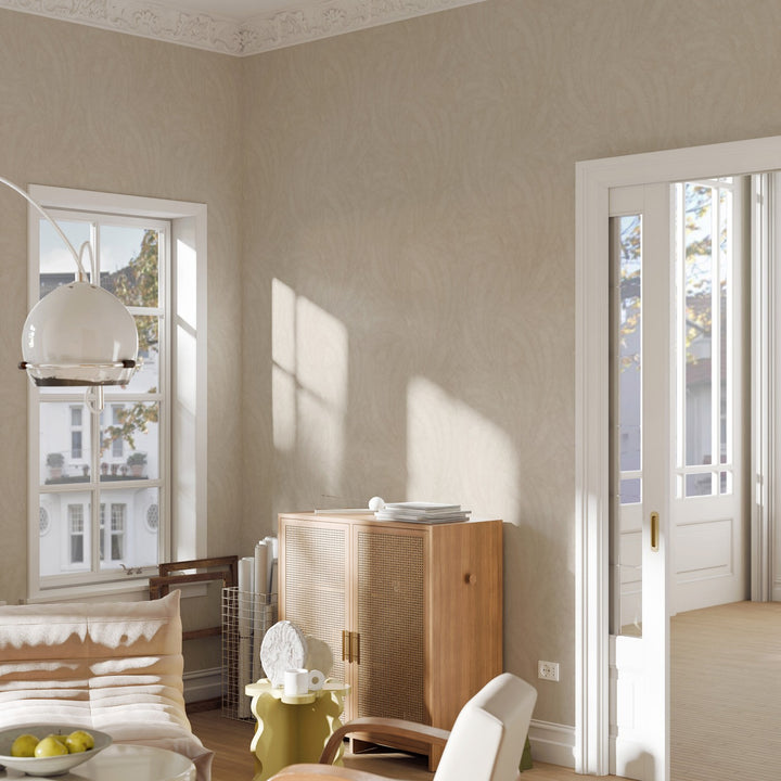 Tapetai su elegantiškais ir šiek tiek blizgiais lapais, smėlio spalvos - 3776062