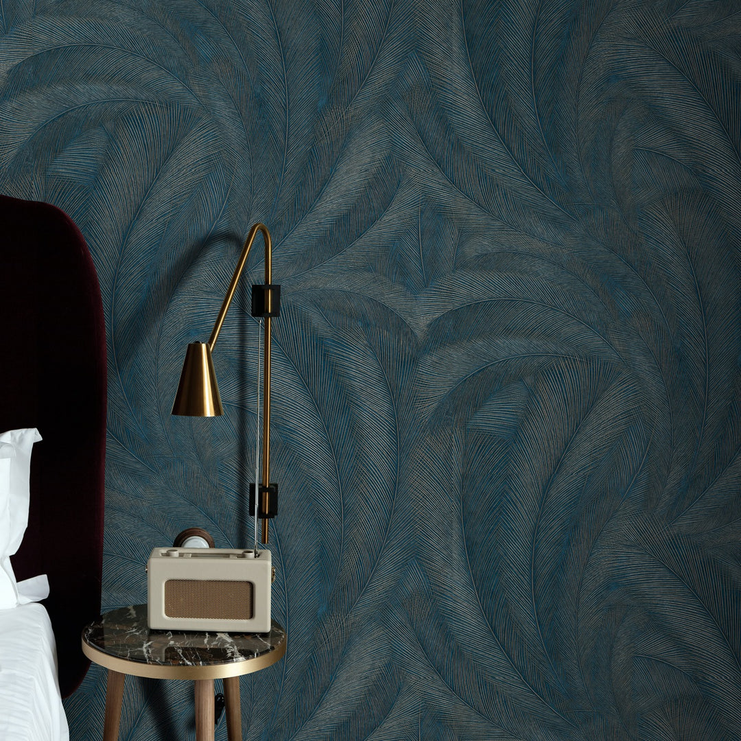 Обои с элегантными и слегка глянцевыми листьями, темно-синие/бирюзовые/золотые - 3776103