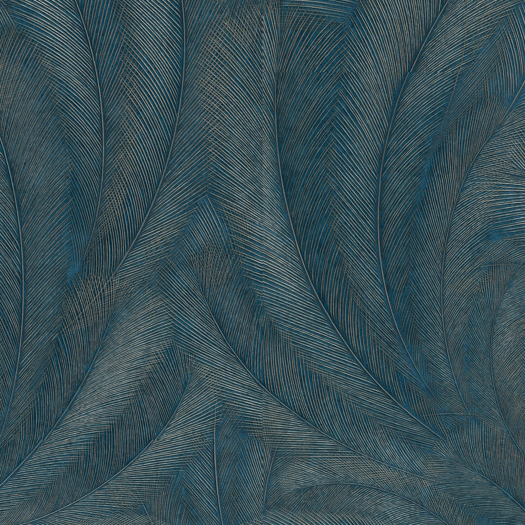 Обои с элегантными и слегка глянцевыми листьями, темно-синие/бирюзовые/золотые - 3776103