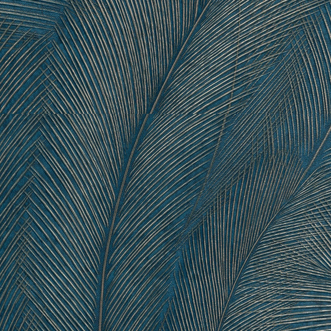 Обои с элегантными и слегка глянцевыми листьями, темно-синие/бирюзовые/золотые - 3776103