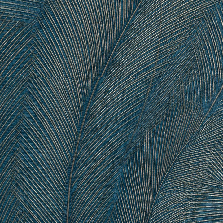 Обои с элегантными и слегка глянцевыми листьями, темно-синие/бирюзовые/золотые - 3776103
