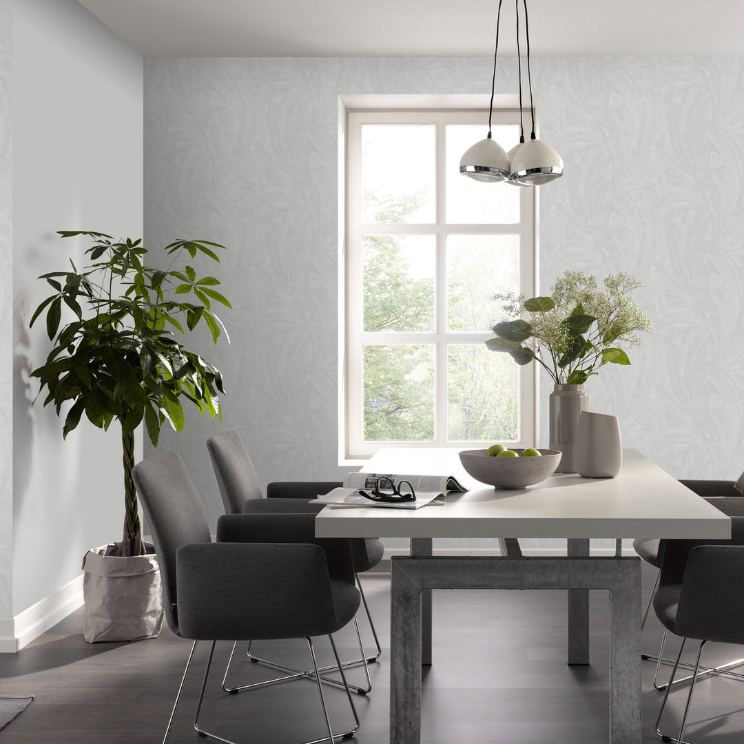 Wallpaper with elegant and slightly glossy leaves, light grey - 3776117