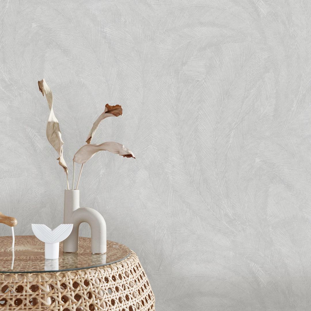 Wallpaper with elegant and slightly glossy leaves, light grey - 3776117